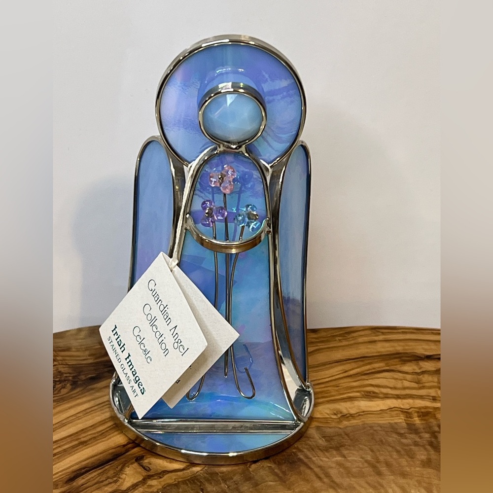 Stained Glass Angel Tea Light Votive Candle Holder Blue 6” Irish Images 3D NEW